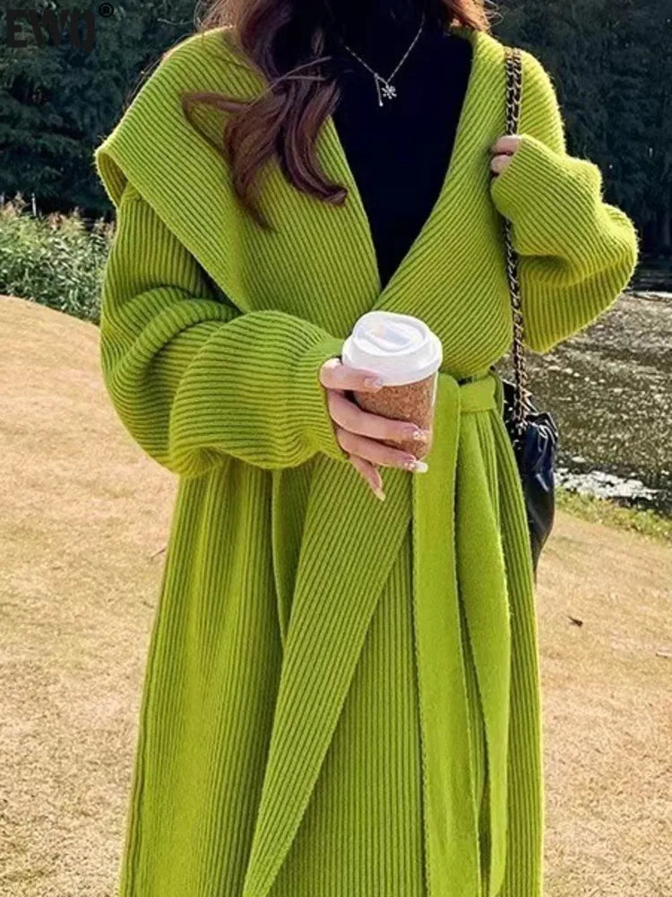 Hooded Knitted Cardigan Coat For Women Green Long Sleeve Loose Fashion Length Sweater Jacket  Autumn Winter New