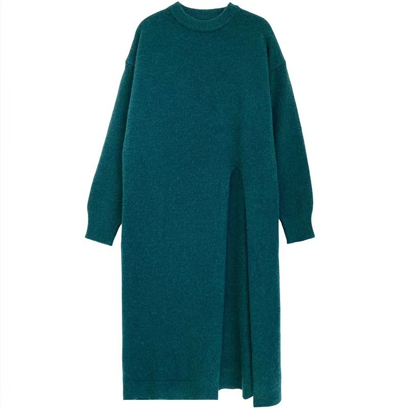 Women's Autumn New Dress O-neck Long Sleeve Loose Knitted Irregular High Split Pullover Sweater Dresses