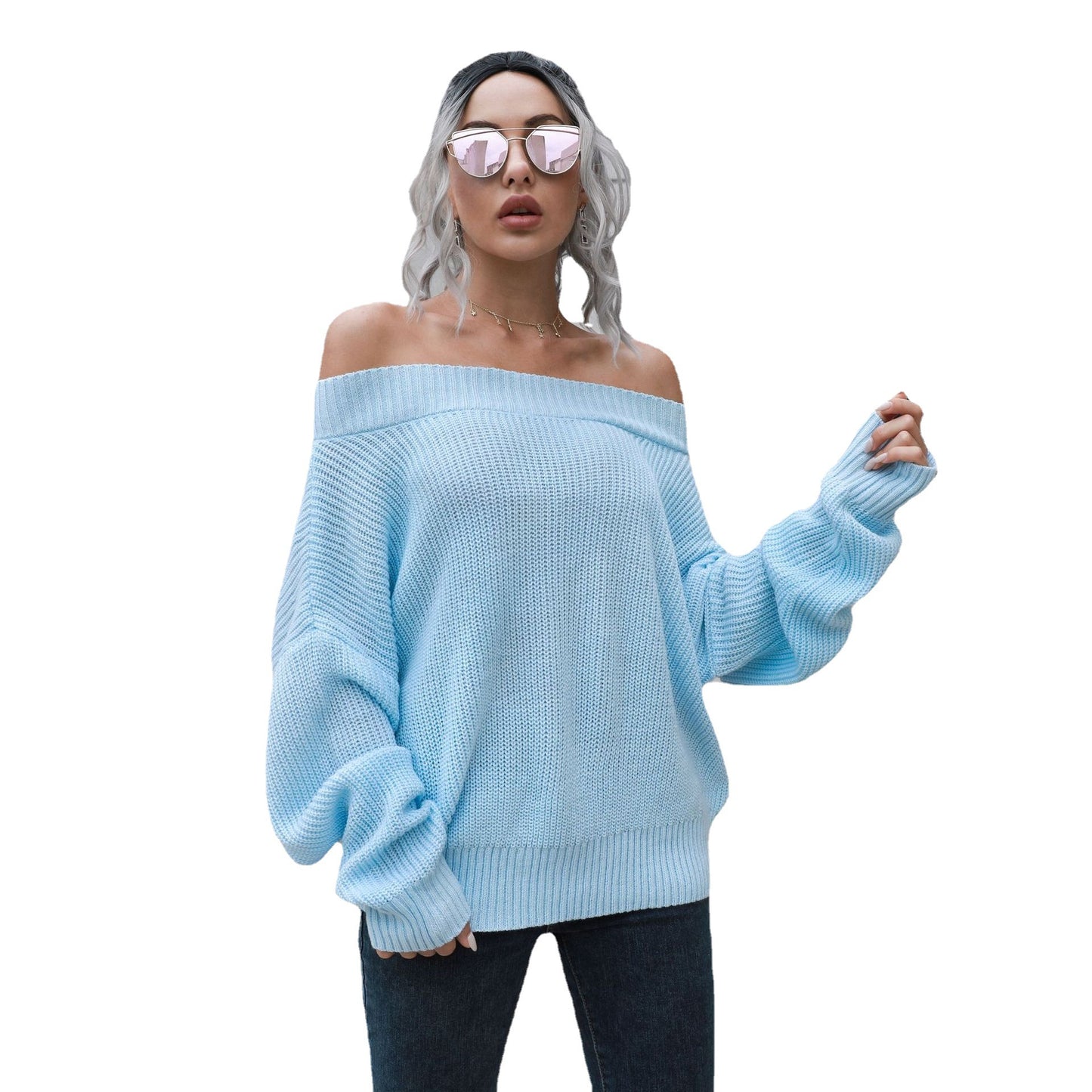 One Word Neck Off Shoulder Sweater Women's Loose Autumn And Winter Long Sleeve Knitted Sweater