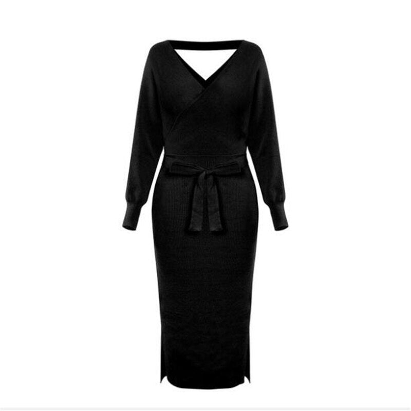 New Sexy Autumn V Neck With Cross Belt Sweater Knitted Women Dress Split Slim Winter Long Sleeve Elegant Ladies Z343