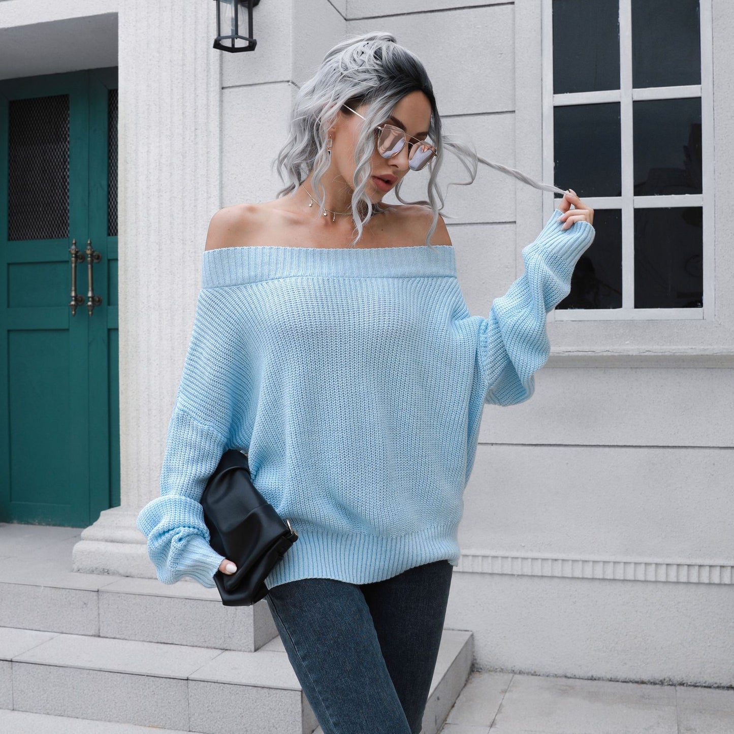 One Word Neck Off Shoulder Sweater Women's Loose Autumn And Winter Long Sleeve Knitted Sweater