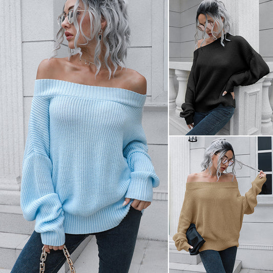 One Word Neck Off Shoulder Sweater Women's Loose Autumn And Winter Long Sleeve Knitted Sweater