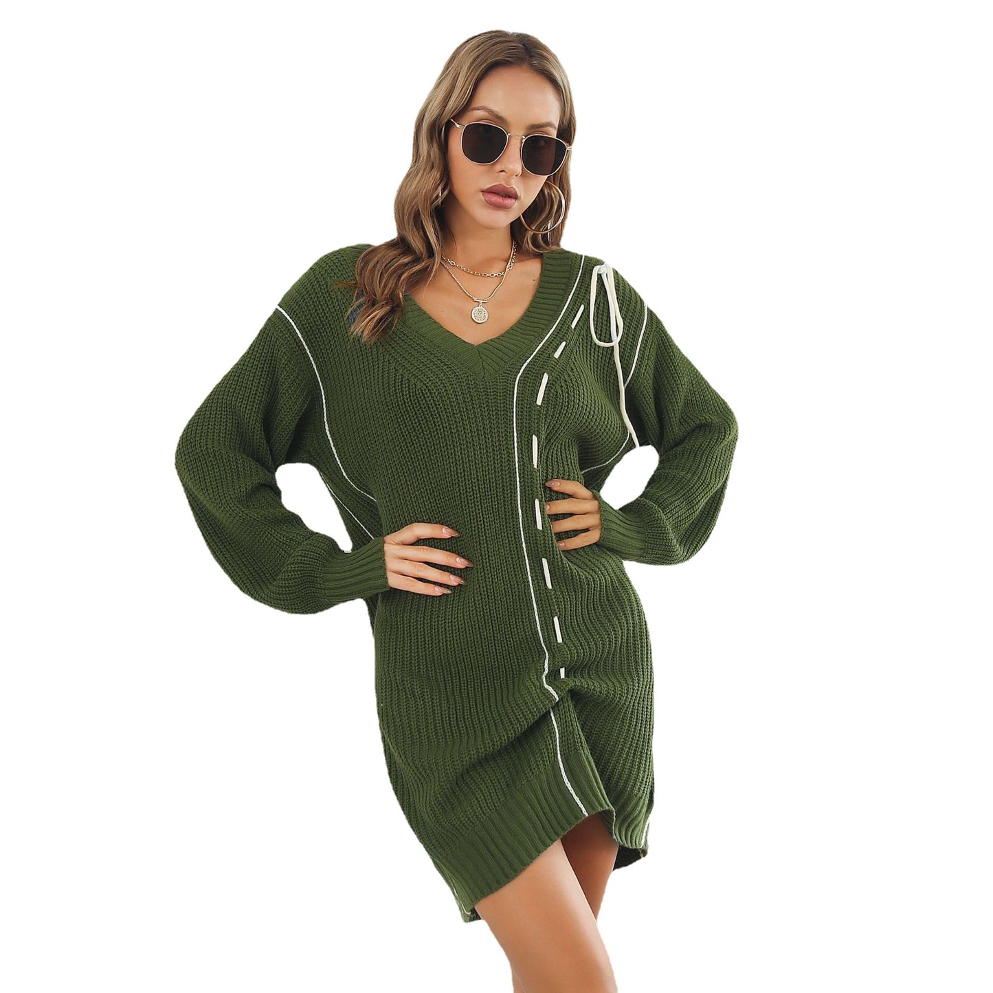 Design Sense Drawstring V-Neck Long Sleeve Sweater Dress Women's Knitted Dress Loose Autumn And Winter New