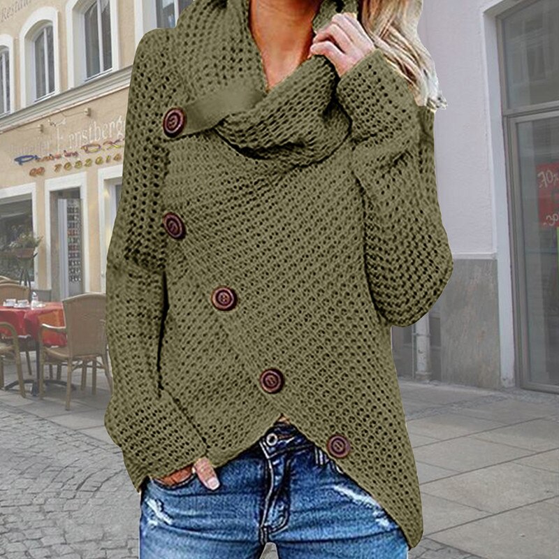 Women Turtleneck Knitted Sweaters Autumn Winter Solid Irregular Hem Long Sleeve Pullover Jumper Fashion Button Loose Sweater