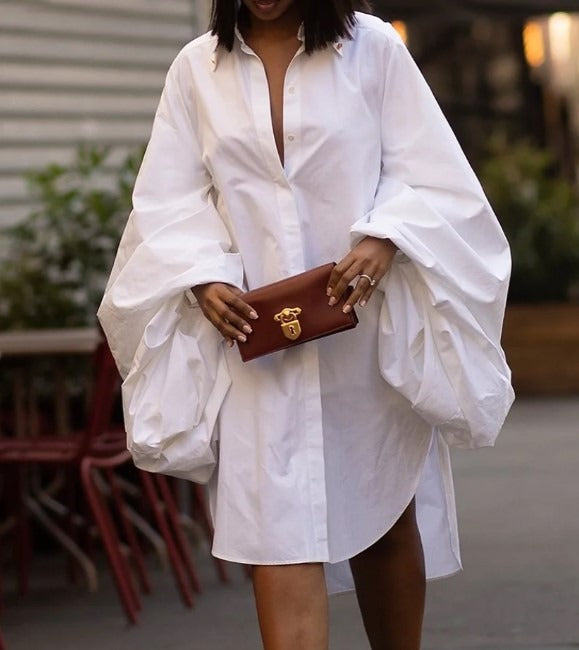 Ebony Buttoned Down Shirt Dress with Dramatic Sleeves