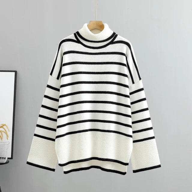 OverSized stripe Winter Women Sweater Fashion Loose Casual Turtleneck Autumn Pullover Sweater Female Jumper