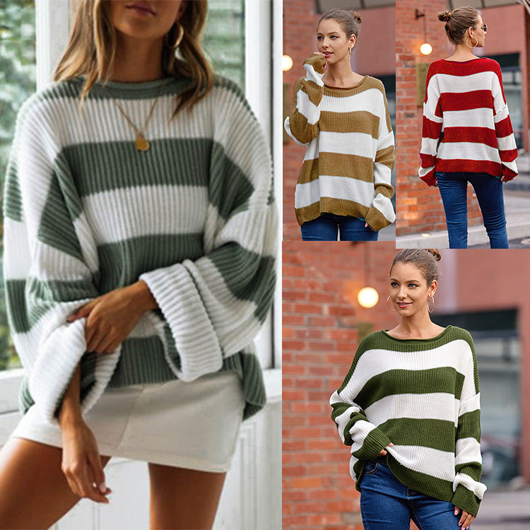 Autumn and winter new women's sweater rolled edge round neck striped color matching knitted sweater