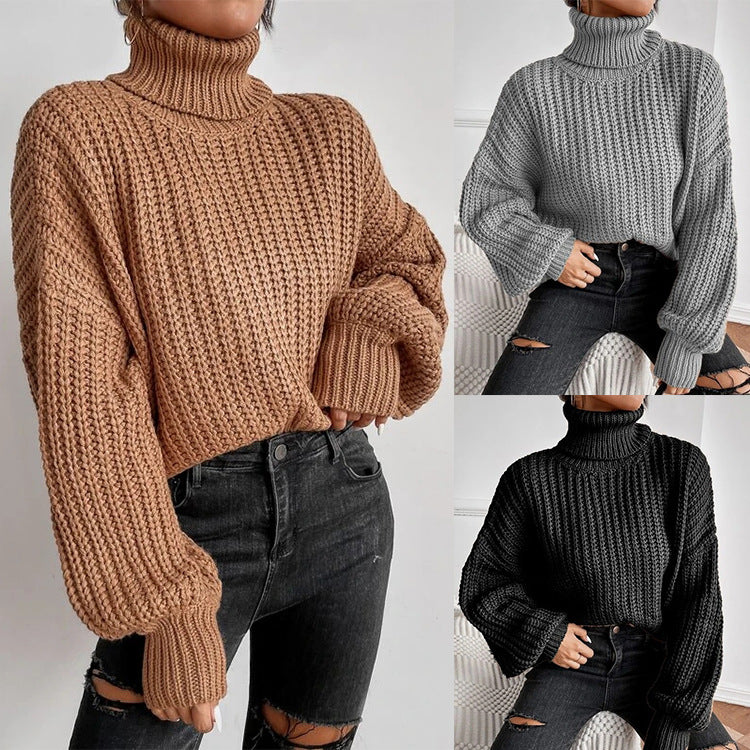 Autumn And Winter Fashion Fall Shoulder Long Sleeve Knitted Loose Pullover Turtleneck Sweater Women