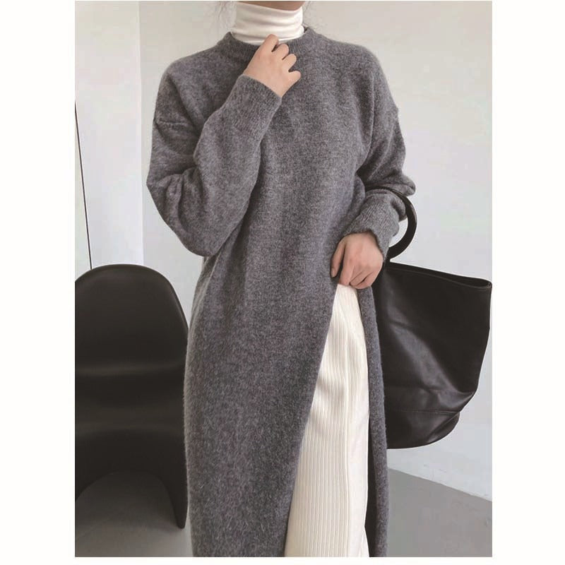 Women's Autumn New Dress O-neck Long Sleeve Loose Knitted Irregular High Split Pullover Sweater Dresses