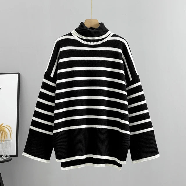 OverSized stripe Winter Women Sweater Fashion Loose Casual Turtleneck Autumn Pullover Sweater Female Jumper