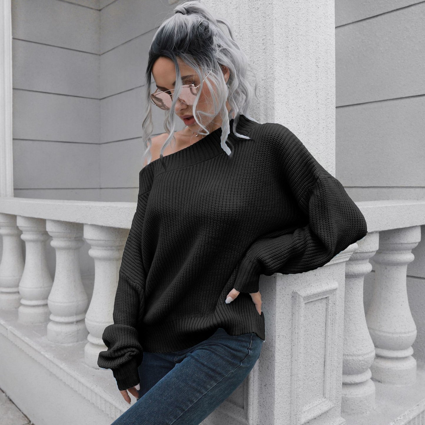 One Word Neck Off Shoulder Sweater Women's Loose Autumn And Winter Long Sleeve Knitted Sweater