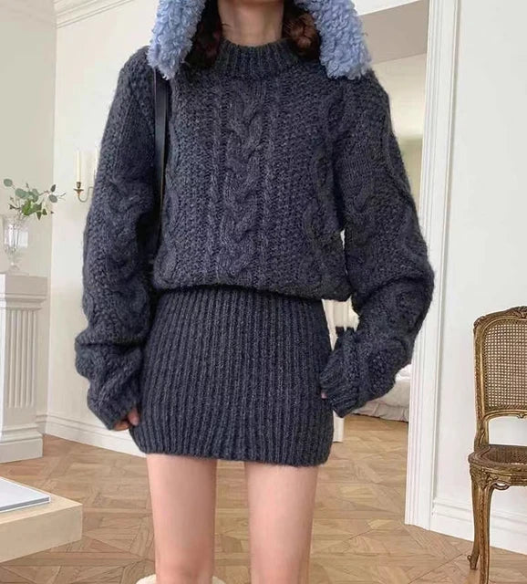 Knit Dress Chunky Cable-knit Long Sleeve Ribbed Mini Sweater Dress Women Autumn Winter Outfit