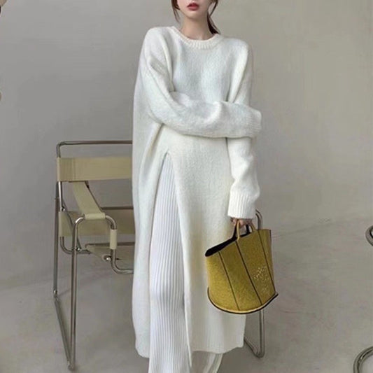 Women's Autumn New Dress O-neck Long Sleeve Loose Knitted Irregular High Split Pullover Sweater Dresses