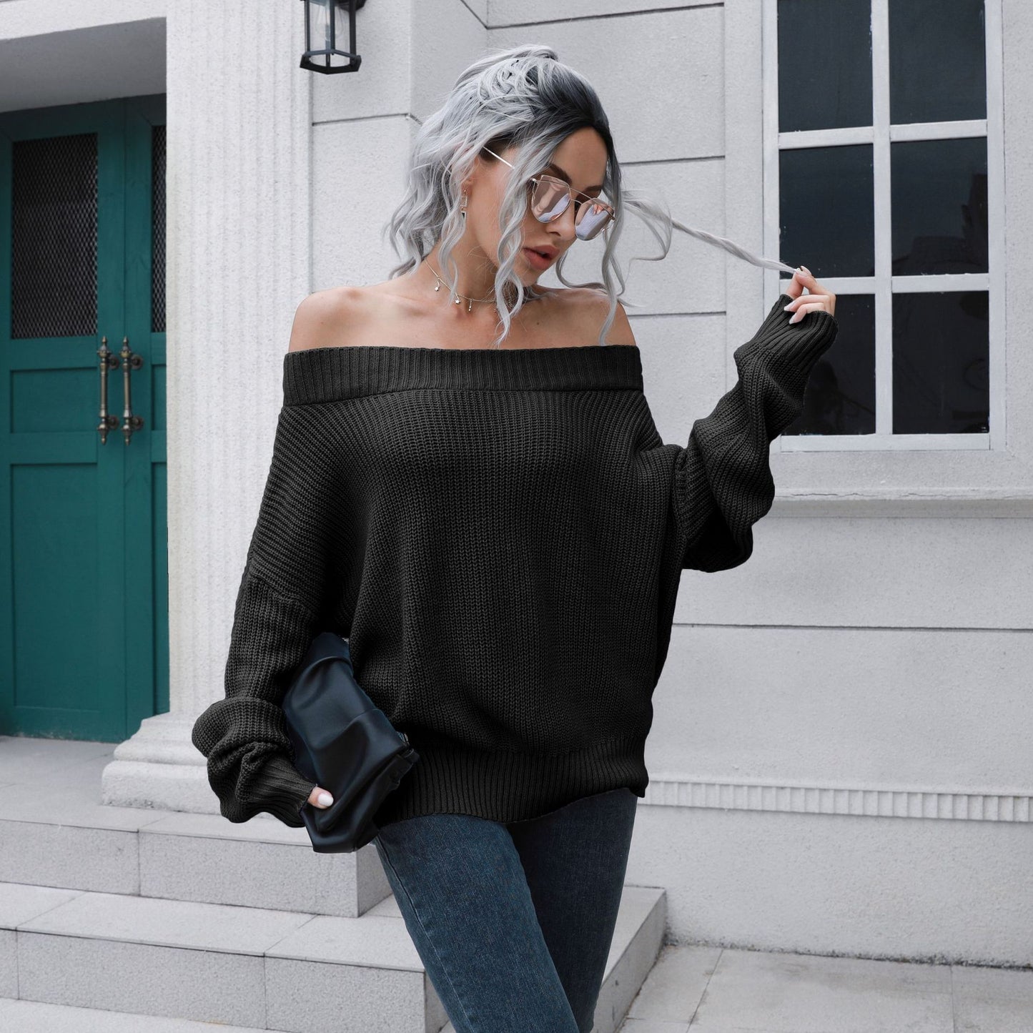 One Word Neck Off Shoulder Sweater Women's Loose Autumn And Winter Long Sleeve Knitted Sweater