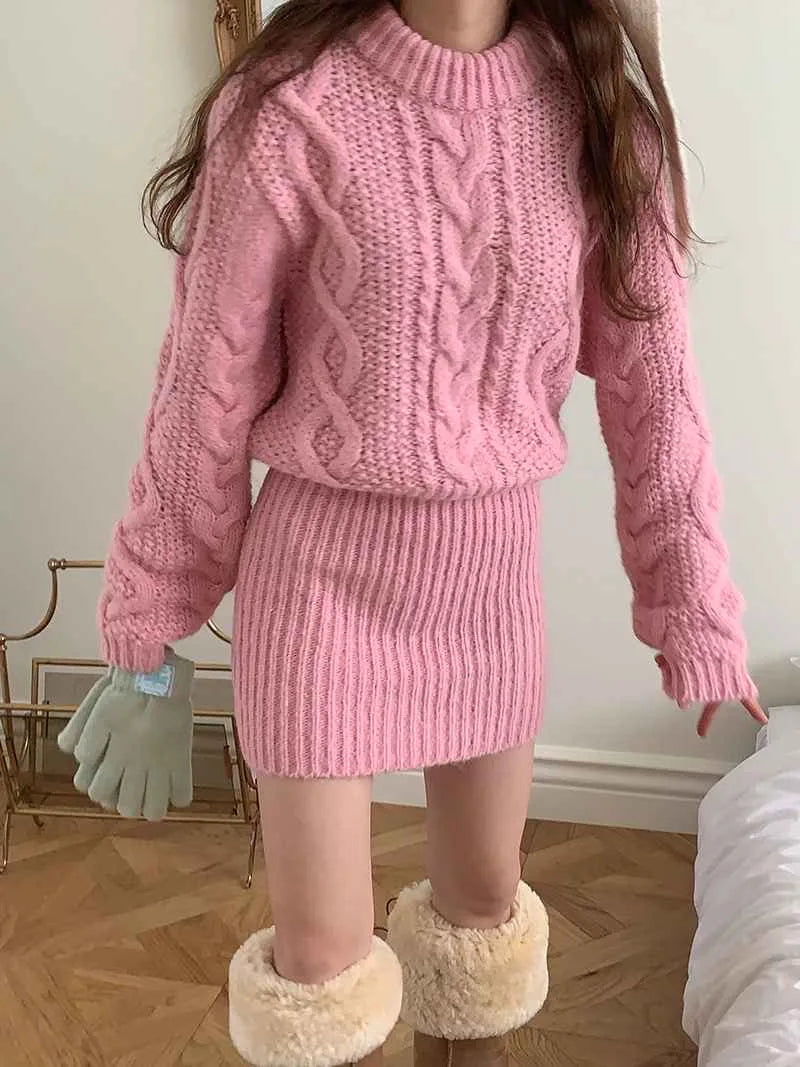 Knit Dress Chunky Cable-knit Long Sleeve Ribbed Mini Sweater Dress Women Autumn Winter Outfit