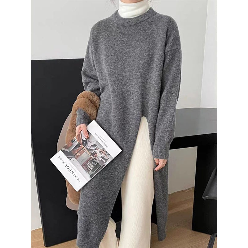 Women's Autumn New Dress O-neck Long Sleeve Loose Knitted Irregular High Split Pullover Sweater Dresses