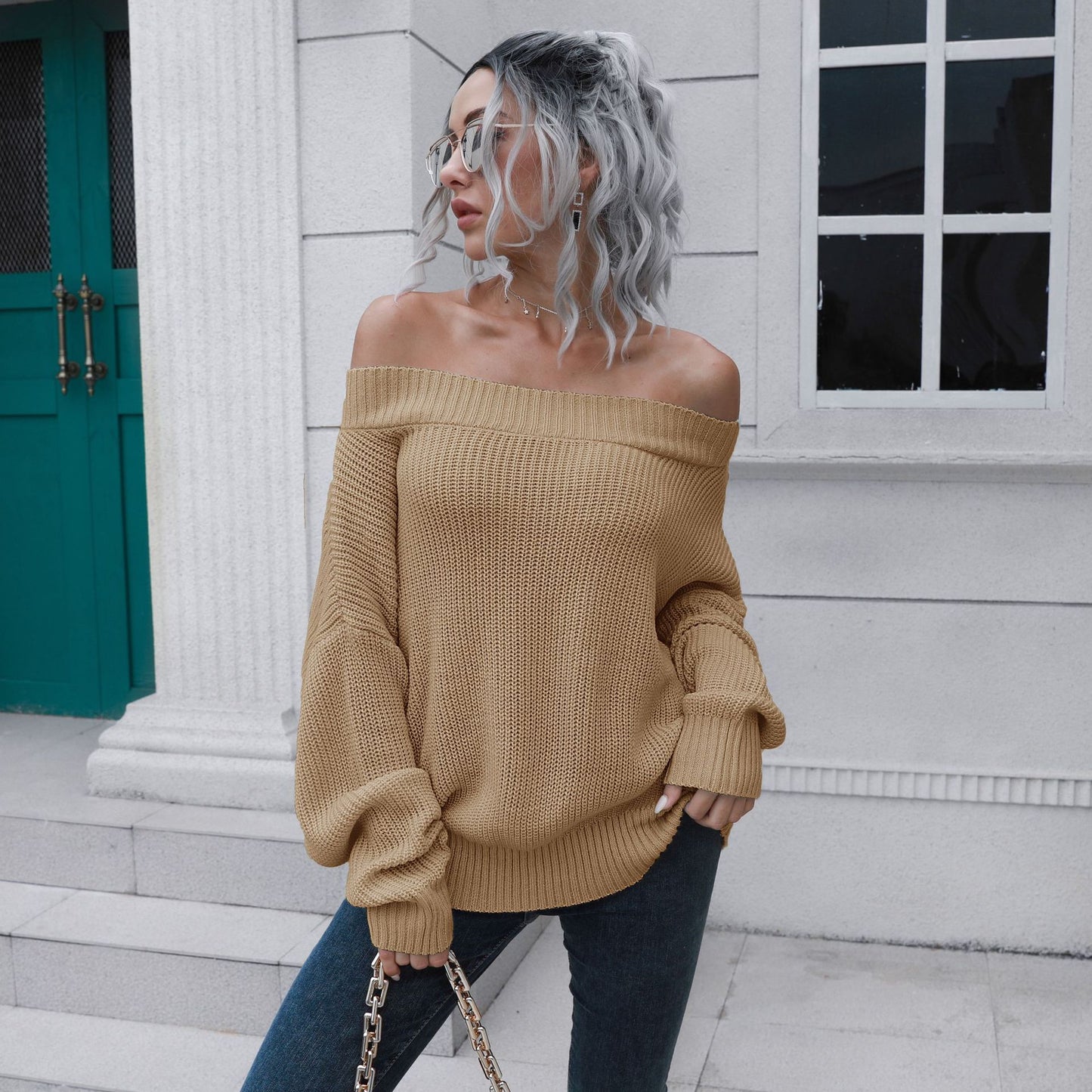 One Word Neck Off Shoulder Sweater Women's Loose Autumn And Winter Long Sleeve Knitted Sweater