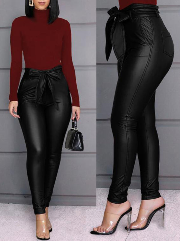 Daria Fitted Faux Leather Pants w. Wrap Belt