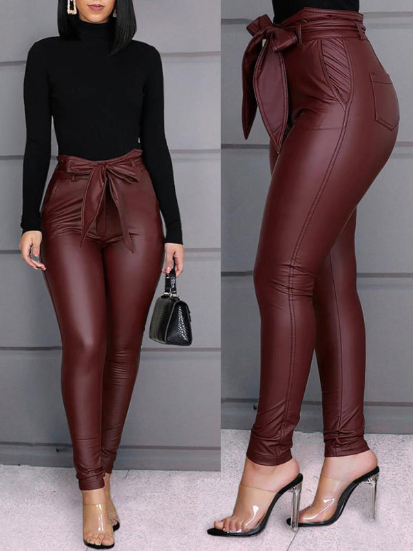 Daria Fitted Faux Leather Pants w. Wrap Belt